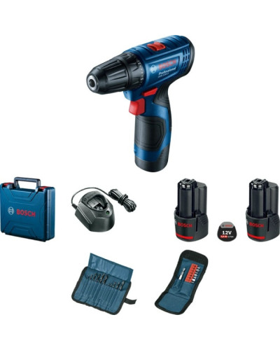Аккумуляторный шуруповерт Bosch GSR 120-LI + 2 акб 2.0 Ah + зарядное устройство + набор бит 11 шт. + набор сверл 12 шт.